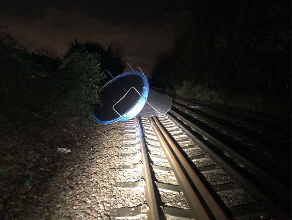 A trampoline blew onto the tracks in Rainham, Kent