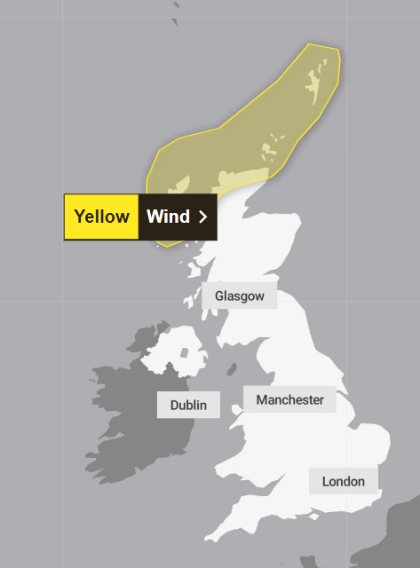 A yellow weather warning for wind on Wednesday from 7am until 7pm