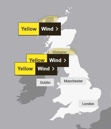 There are three yellow weather warnings in place today