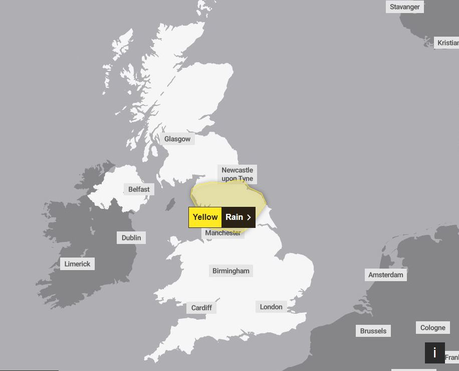 A yellow rain warning is in place for northeast and west England and Yorkshire