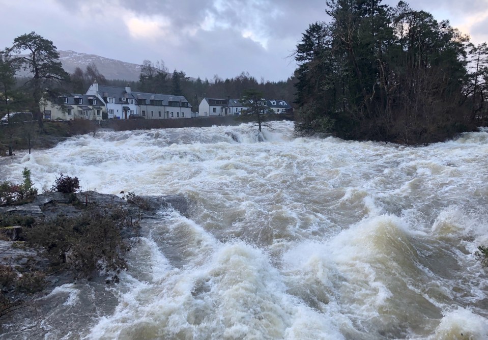 Choppy water at the Falls of Dochart in Killin, Stirling after storm Isha blew through the area overnight