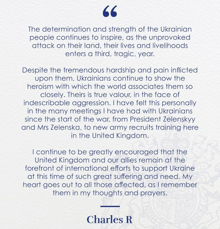 King Charles released a statement on Ukraine’s bravery today