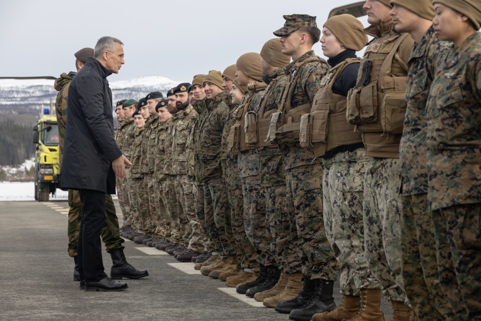 Nato Secretary General Jens Stoltenberg speaks with US Marines during Exercise Cold Response 2022, Bardufoss Air Station, Norway, March 25, 2022