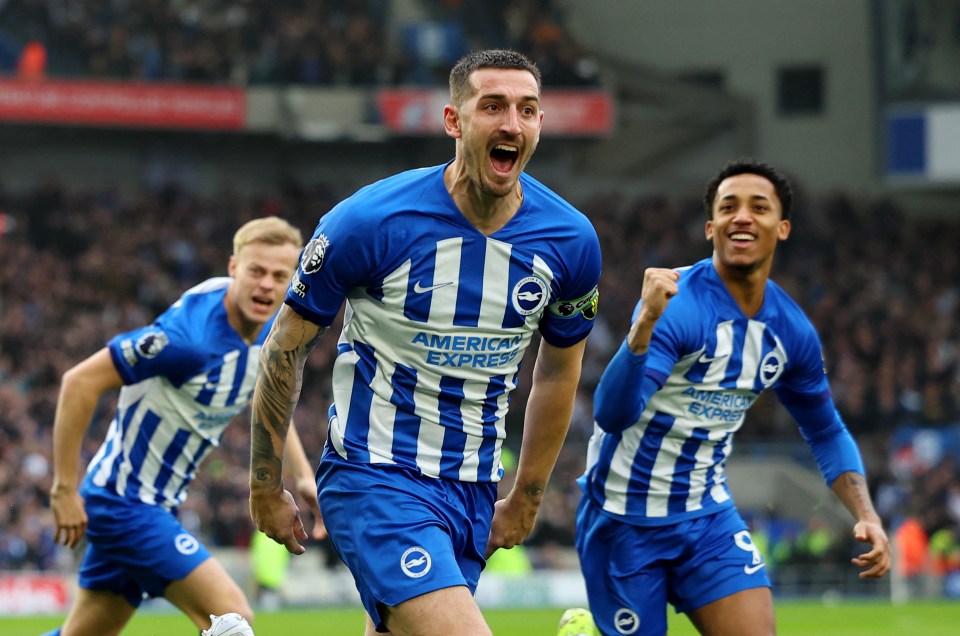 Lewis Dunk celebrates heading Brighton ahead after just two minutes