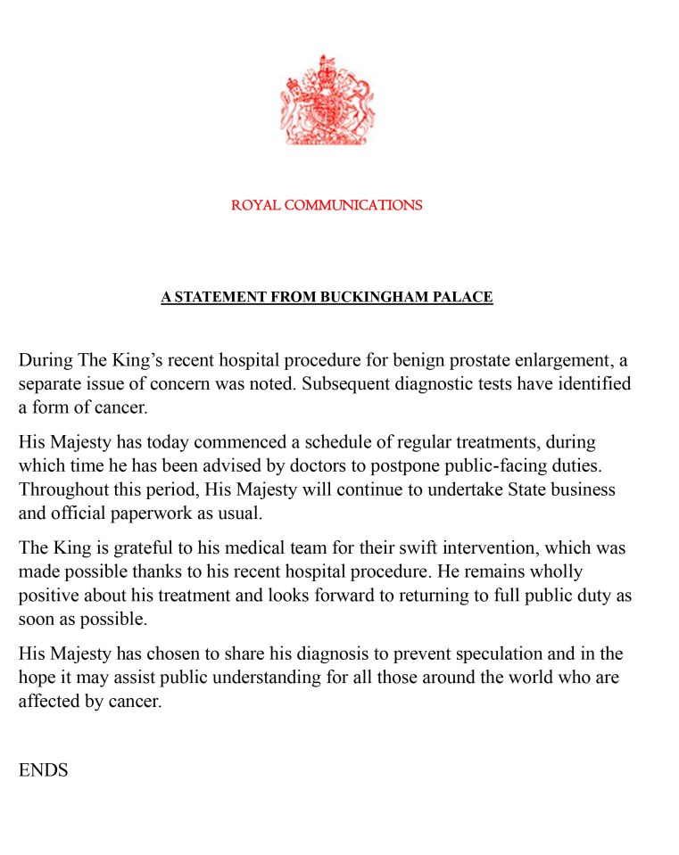 Buckingham Palace released a statement on the King’s health