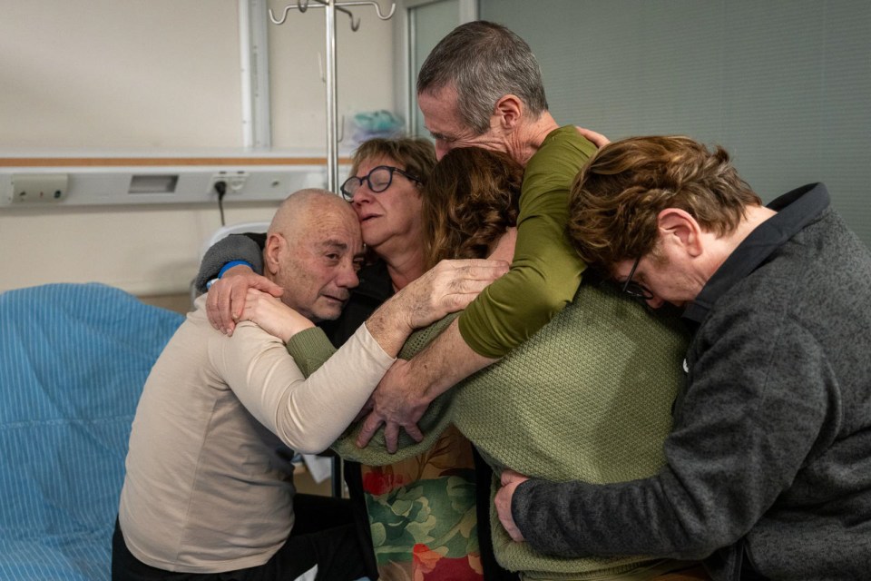 February 12, 2024, Tel Hashomer, Israel: FERNANDO MERMAN, 60, and LUIS HAR, 70, reunite with their families at the Chaim Sheba Medical Center after 128 days of Hamas captivity in Rafah, Gaza Strip. IDF special forces rescued the two brothers in law in an overnight military operation dubbed Operation Golden Hand. Merman and Har were kidnapped from Kibbutz Nir Itzhak on October 7th, 2023 along with 3 other family members. Some 134 hostages remain in captivity. (Credit Image: © Idf Spokesperson via ZUMA Press Wire)