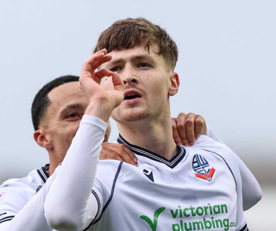 CARLISLE, ENGLAND - JANUARY 27:Bolton Wanderers' Zac Ashworth celebrates scoring the opening goal with Josh Dacres-Cogley close by during the Sky Bet League One match between Carlisle United and Bolton Wanderers at Brunton Park on January 27, 2024 in Carlisle, England. (Photo by Lee Parker - CameraSport via Getty Images)