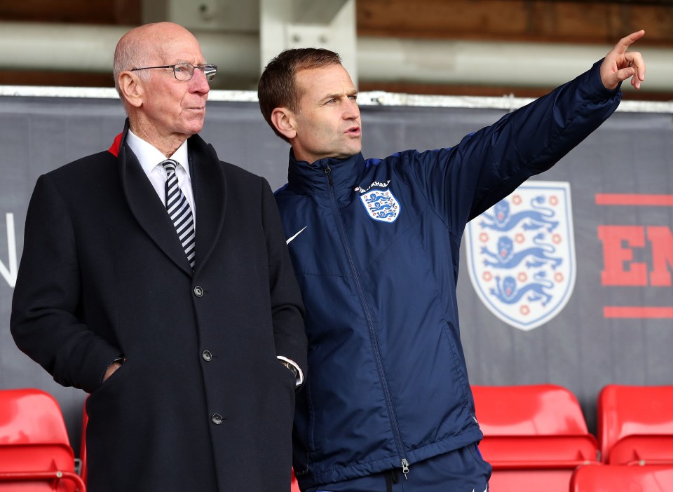 Sir Bobby Charlton and Dan Ashworth during a training session for the media day at St George's Park, Burton upon Trent. PRESS ASSOCIATION Photo. Picture date: Monday October 2, 2017. See PA story SOCCER England. Photo credit should read: Nick Potts/PA Wire. RESTRICTIONS: Use subject to FA restrictions. Editorial use only. Commercial use only with prior written consent of the FA. No editing except cropping.