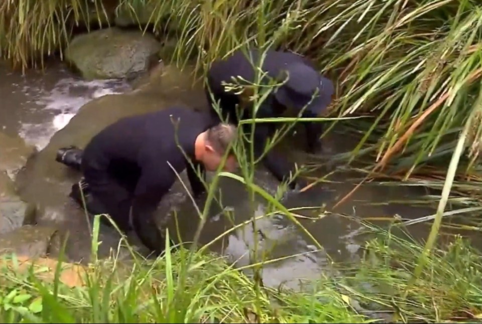 Cops were seen on their hands and knees up a waterway in Newcastle in the hopes of finding any clues