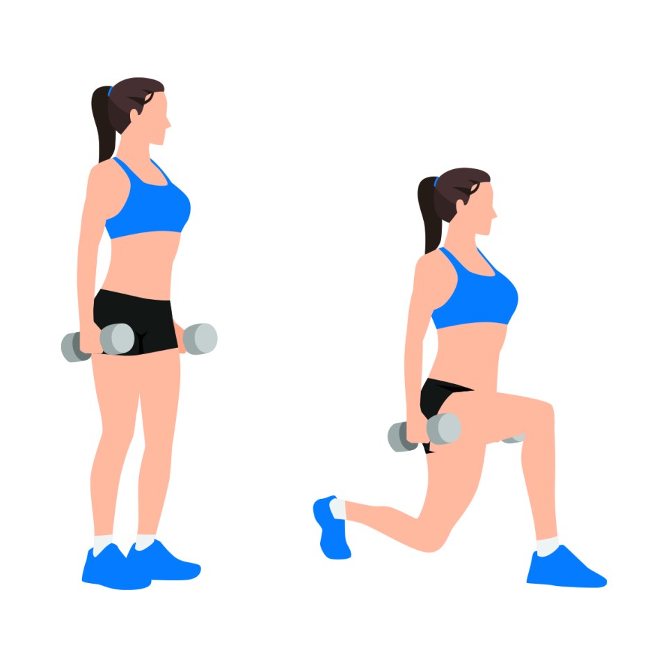 Stand with your legs shoulder-width apart, holding weights