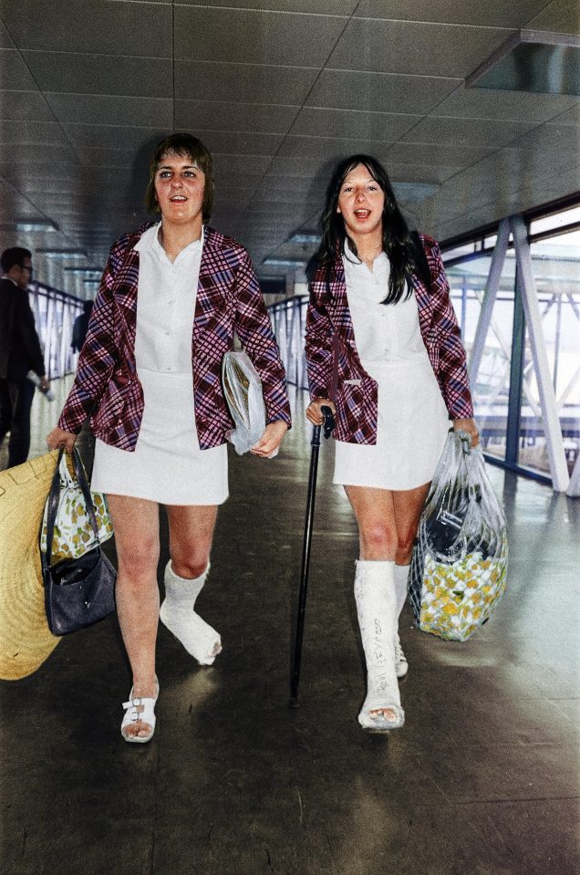 Carol and team mate Yvonne Bradley arrive home from Mexico in plaster