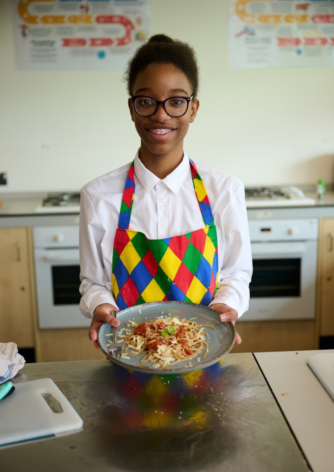 © MATTHEW POVER (07971 184305). ..Students at Great Academy, Ashton, Greater Manchester, undertaking cooking classes provided by Jamie Oliver. .Seen here is student Jade Assuncao. ...All rights reserved in accordance with UK copyright laws. .No syndication without prior consent.