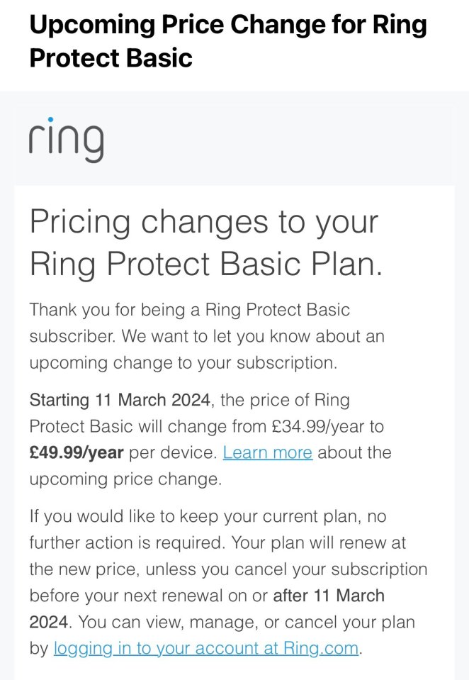 Customers that cancel their Ring Protect subscription will no longer be able to save, review and share video recordings from their Ring devices to their Ring account