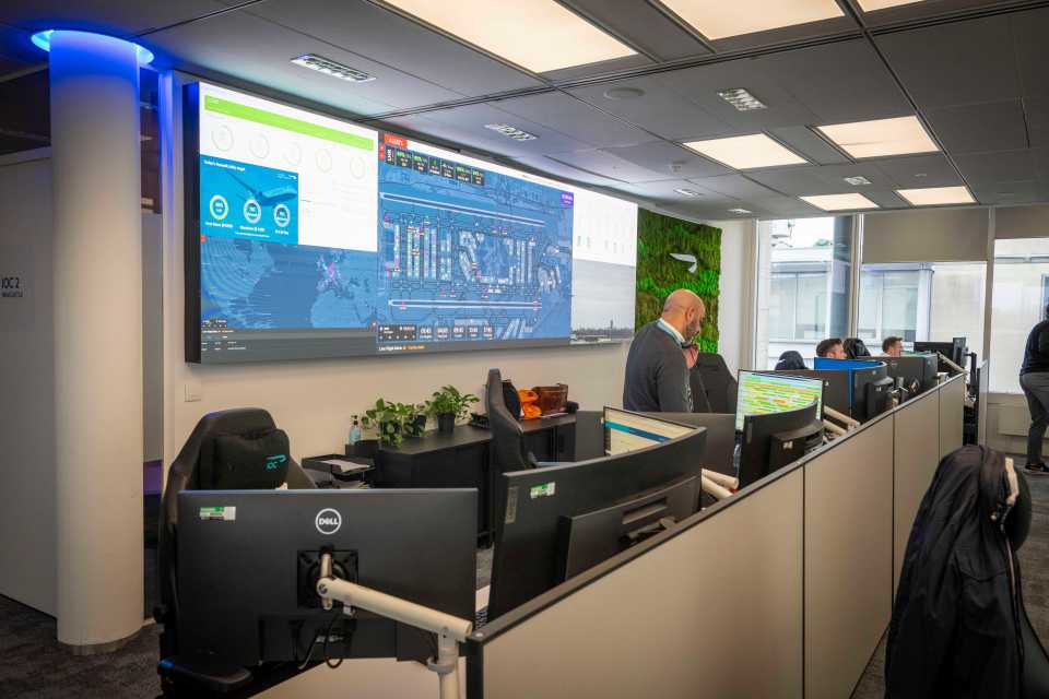 Huge screens are full of real-time data in the control room