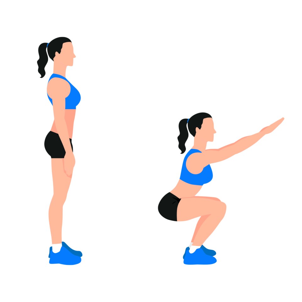 Stand with feet shoulder-width apart and squat