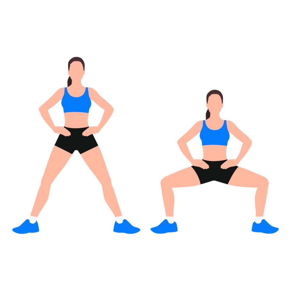 Stand with your feet wide apart, toes pointing out for the sumo squat