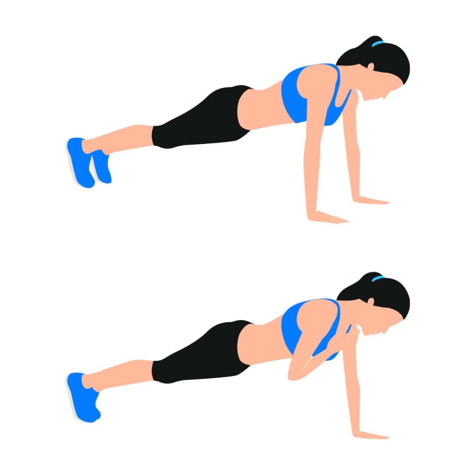 Start in a plank with your wrists under your shoulders and feet together