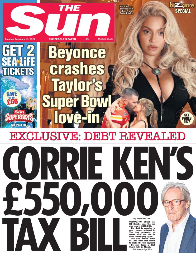 The Sun’s front page reported on Ken’s debt woes