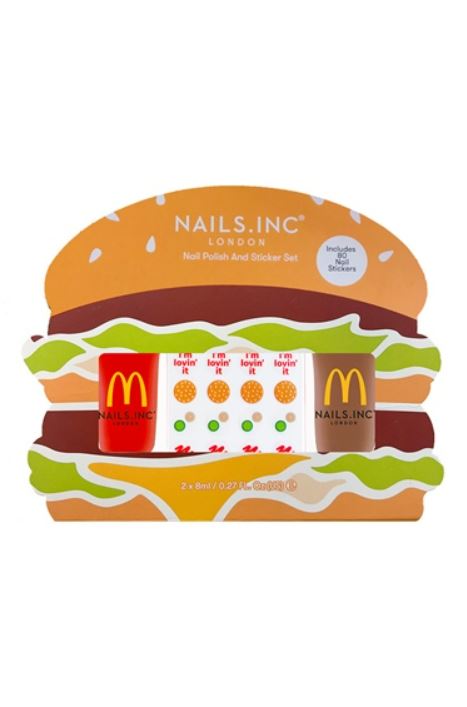 The products are nail kits, including a nail varnish in the shade 'burger brown'