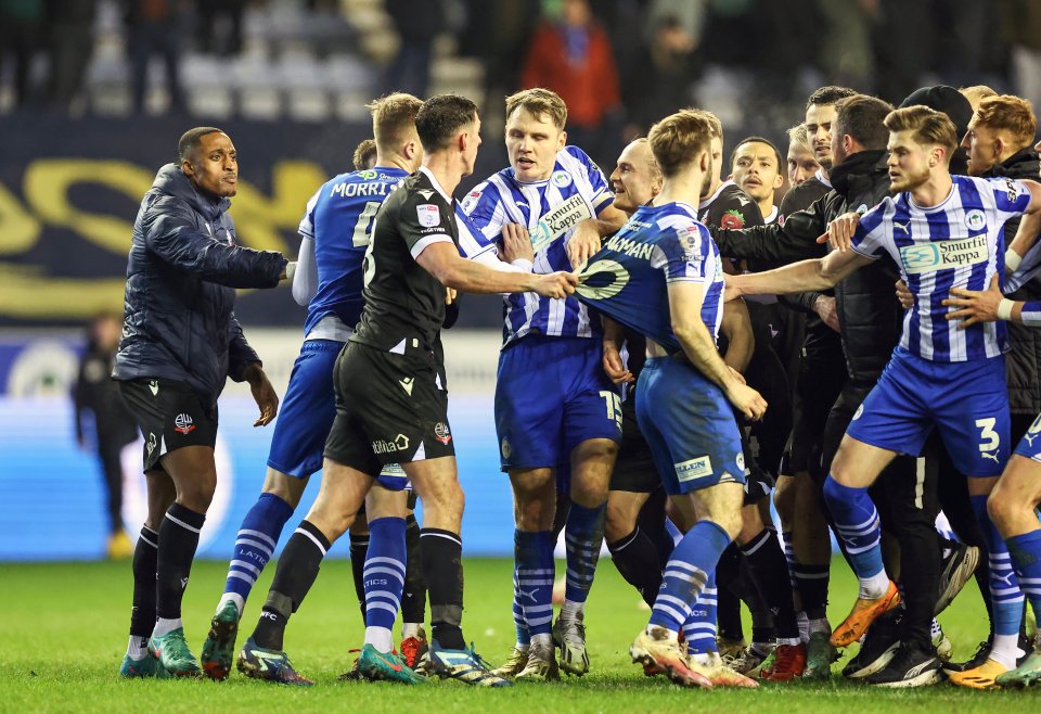 The derby between Wigan and Bolton ended in a huge on-pitch brawl