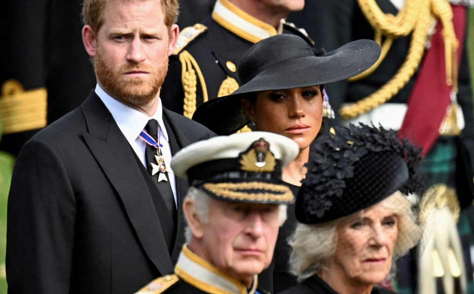 Charles, Camilla, Harry and Meghan at the Queen’s funeral in 2022