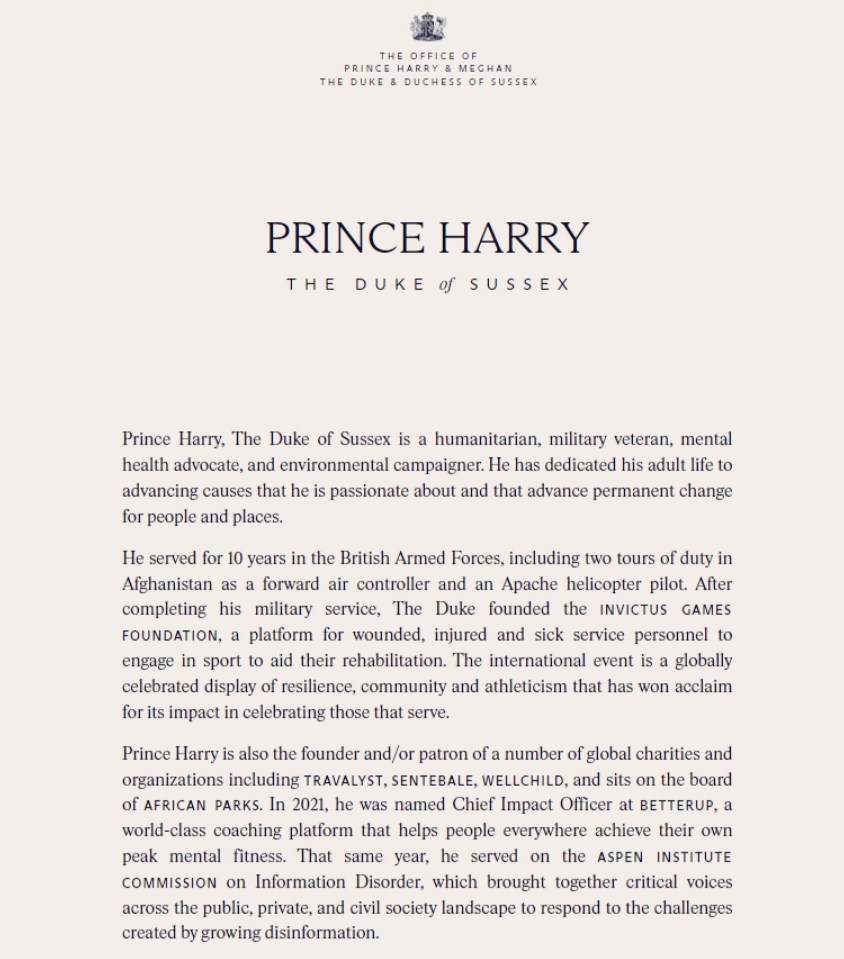 Harry also has his own lengthy biography