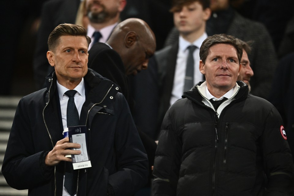 Oliver Glasner has taken over at Selhurst Park and was pictured with Steve Parish watching the game against Everton