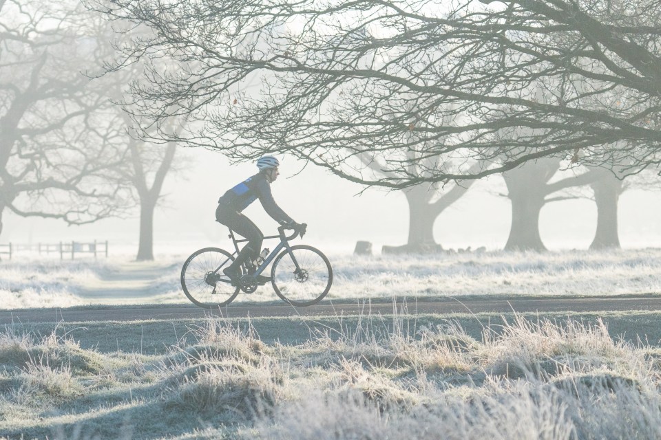 Cyclists make their way through a very frosty Richmond Park, in London, on Saturday morning