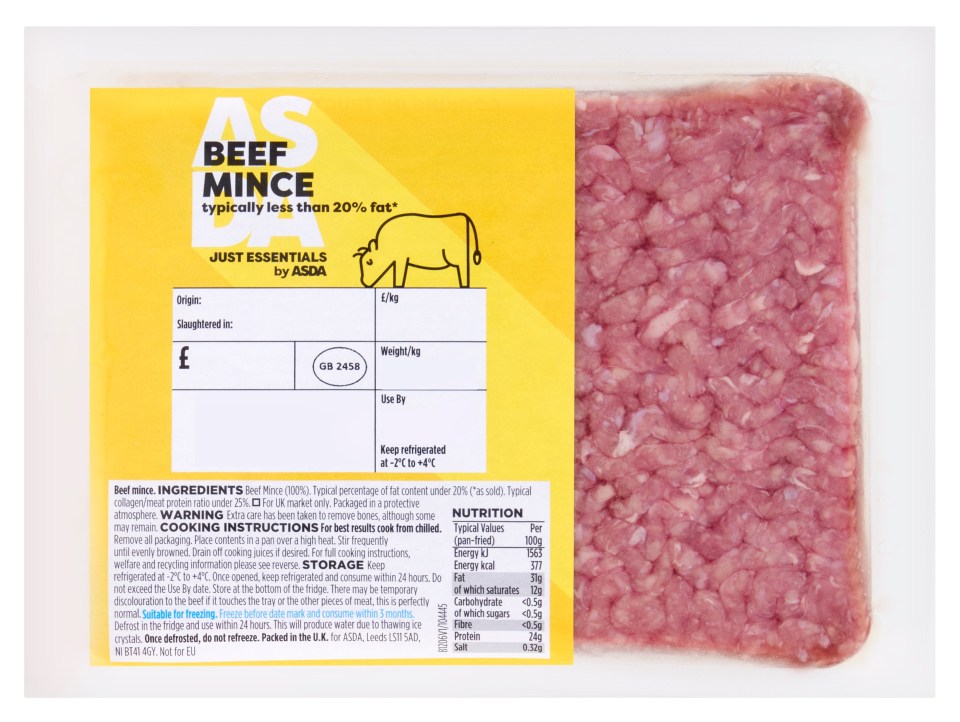 Asda's Just Essentials beef mince showcasing its new vacuum-pack packaging to save plastic