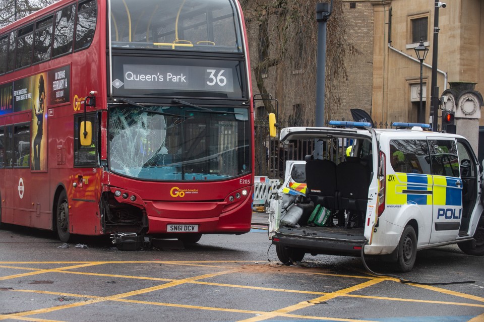 A bus and a police van collided in Kennington this morning