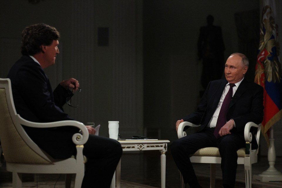 Russian President Vladimir Putin speaks during a widely-criticised “propaganda” interview with US journalist Tucker Carlson at the Kremlin in Moscow, Russia