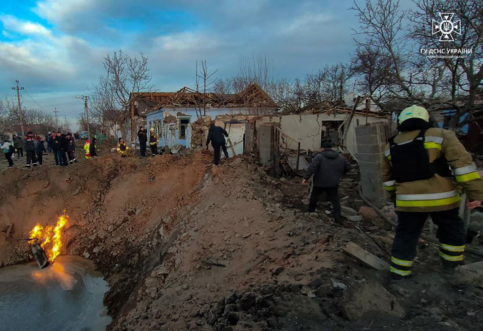 Emergency crews battled the fires and rubble caused by the strikes that left three people dead