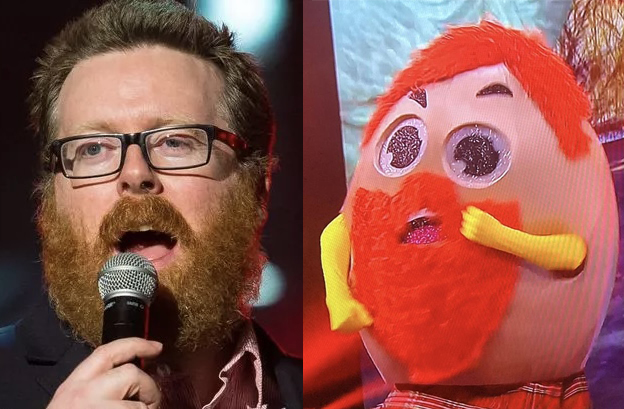 Scottish egg on Saturday’s edition of The Masked Singer and Frankie Boyle, right