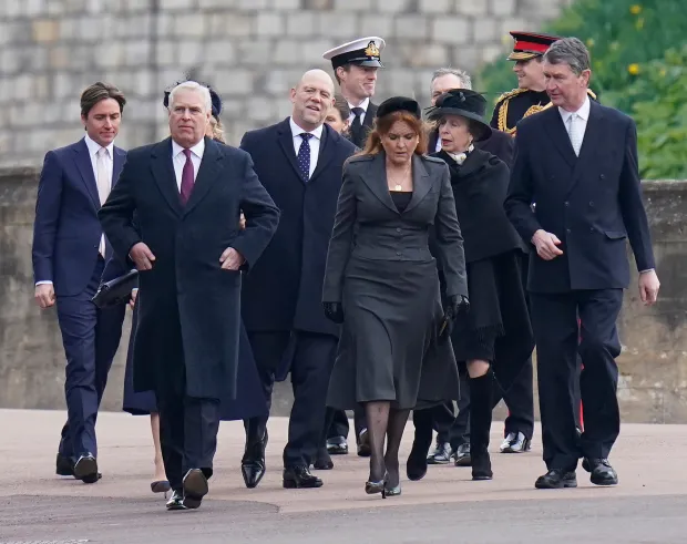 Andrew and Sarah walking with Mike Tindall and the Princess Royal