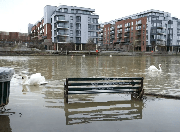 The River Nene breached its banks in Peterborough, Cambs, on Saturday