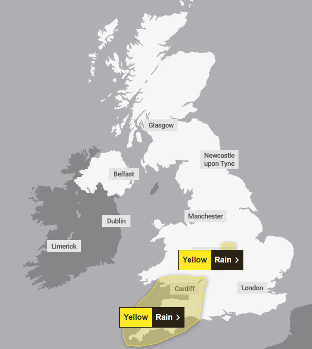 A map of all the areas affected by yellow rain warnings