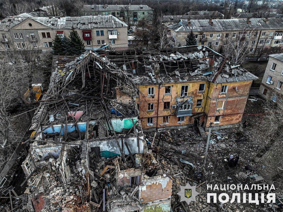 FILE PHOTO: An aerial view shows a residential building heavily damaged by a Russian missile strike, in the town of Selydove, Donetsk region, Ukraine, in this handout picture released February 8, 2024. Press service of the National Police of Ukraine/Handout via REUTERS ATTENTION EDITORS - THIS IMAGE HAS BEEN SUPPLIED BY A THIRD PARTY. DO NOT OBSCURE LOGO./File Photo