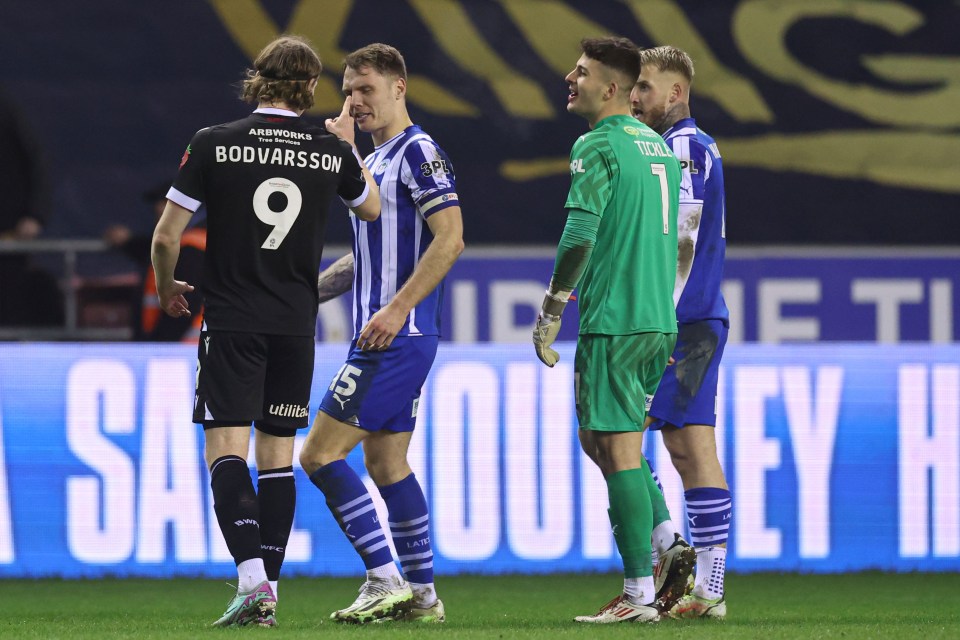 Bolton’s Jon Dadi Bodvarsson confronted Wigan players to kickstart the melee