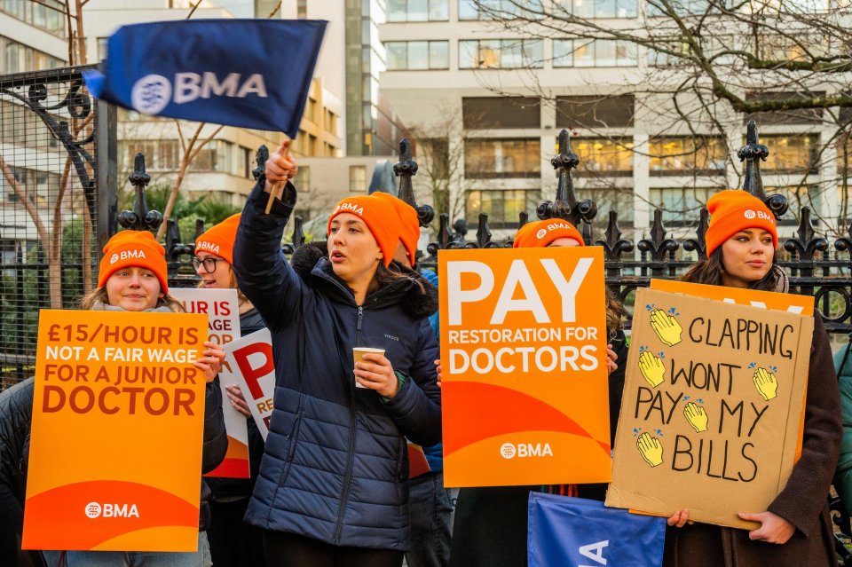 Junior doctors protesting on the picket line in London