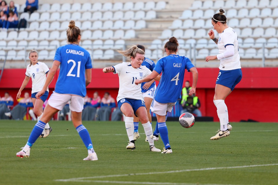 Lauren scored twice for England in a dominant first-half shift against Italy