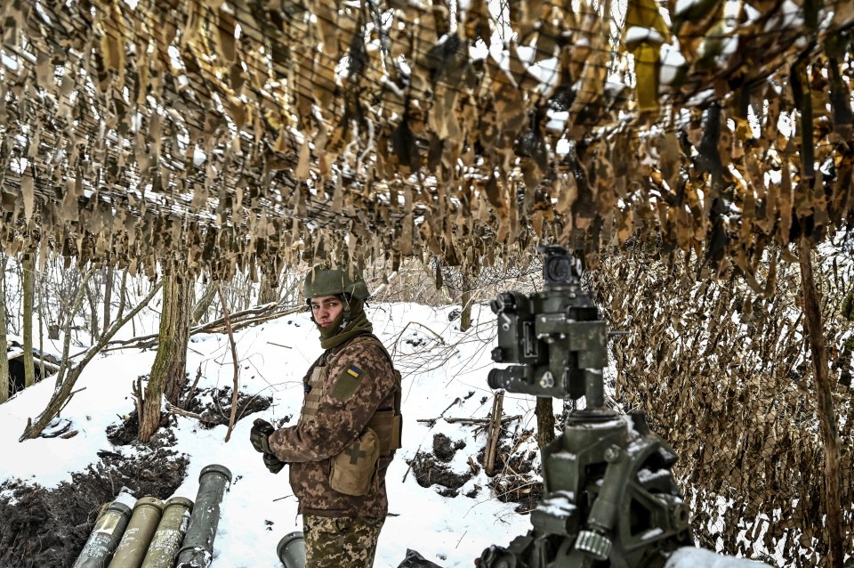 A Ukrainian serviceman stands next to a M777 howitzer at a position near a front line