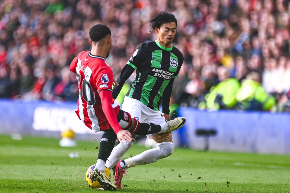 Mason Holgate was sent off for a challenge on Kaoru Mitoma