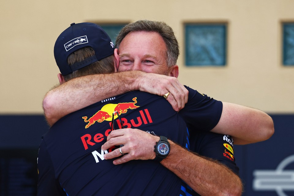 Max Verstappen hugs Horner in the paddock prior to practice