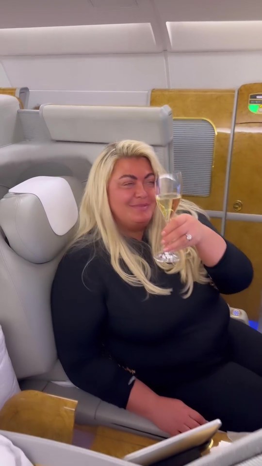 Gemma Collins has shared a video of herself enjoying a First Class flight to Dubai