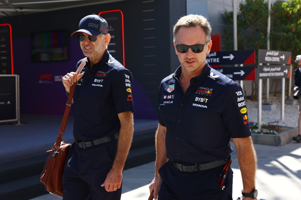 Horner and Newey walk in the paddock ahead of the practice session