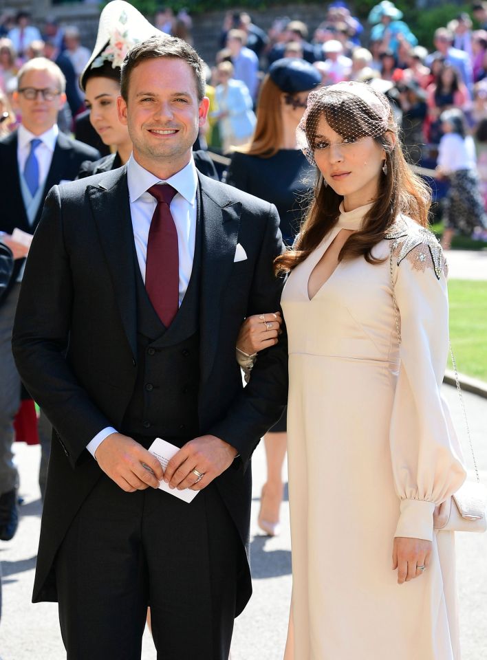 Patrick J. Adams and wife Troian Bellisario arrive at Harry and Meghan's wedding in 2018