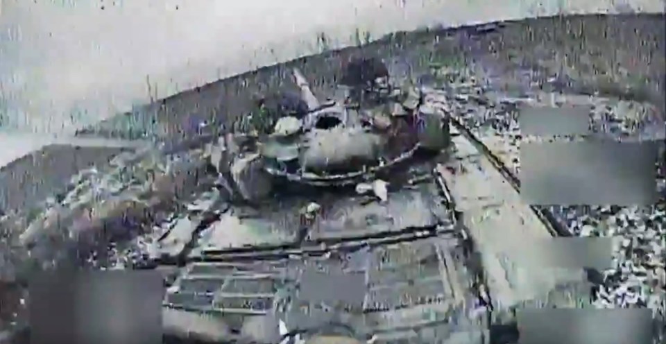 The last shot of the Russian tank before the drone smashes into it and sends it sparking into a huge fireball