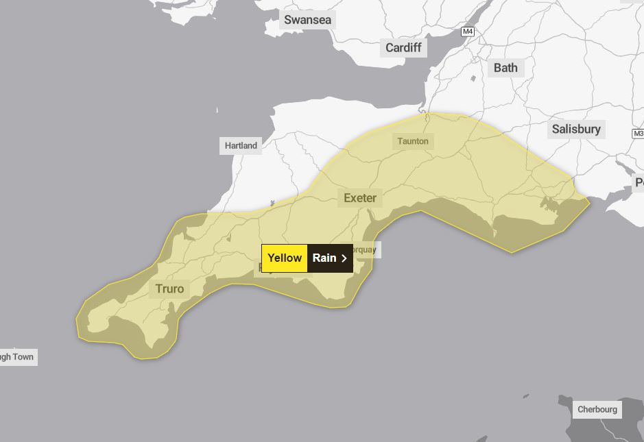 Exeter, Devon and Plymouth have also had a warning issued from 6am to 6pm on Sunday