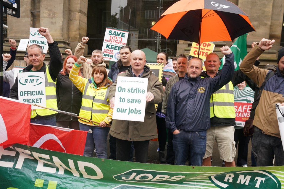 Mick Lynch and RMT members on a rail union strike in Newcastle