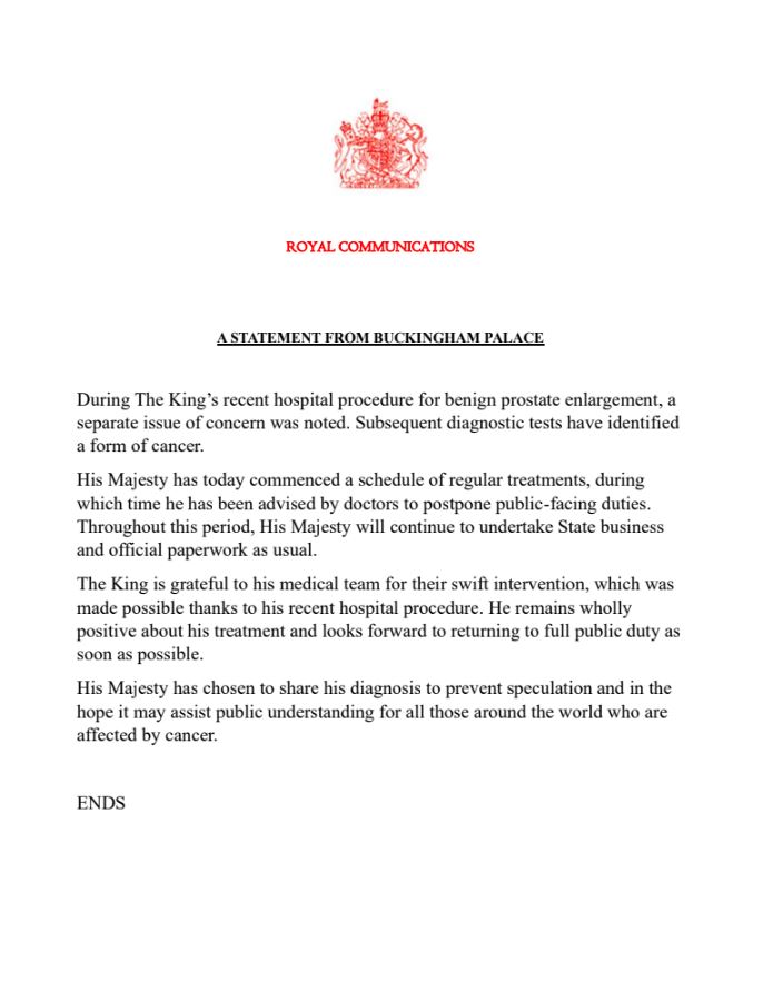 Buckingham Palace released a statement on Monday